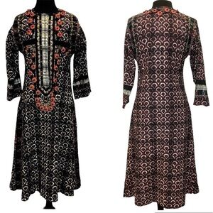 Monapali Emroidered Mixed Print Asian Inspired Ethnic Midi Dress Size - Small
